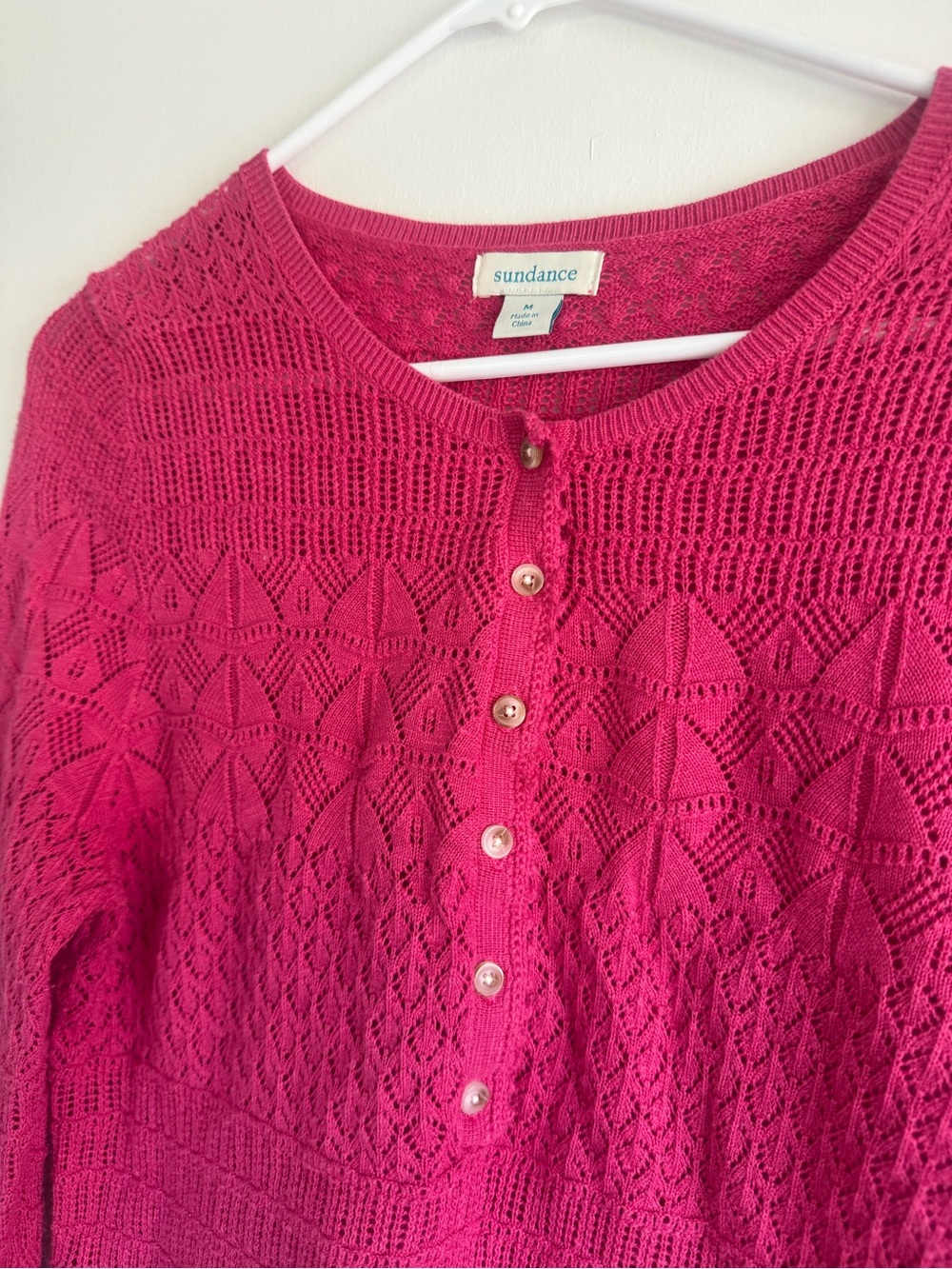 Sundance Pink Pointelle Open Knit Henley Sweater Boho Crochet Trim Medium